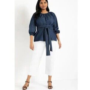 Eloquii Blue Chambray Denim Tie Waist 3/4 Balloon Sleeve Pullover Top 18 NWT